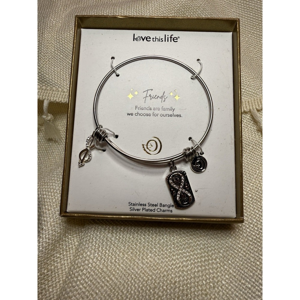 Love This Life "Friends" Charm‎ Bangle Bracelet – Stainless Steel, Silver Plated
